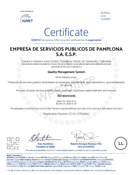 Certificado ISO 9001 - 2015 empopamplona